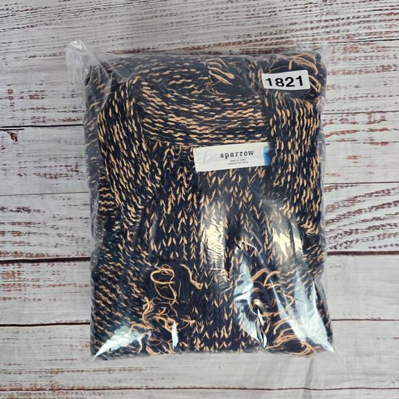 Anthropologie Sparrow Knit Cardigan M Navy Tan Fringe Boho Sweater with Pockets - Picture 13 of 13